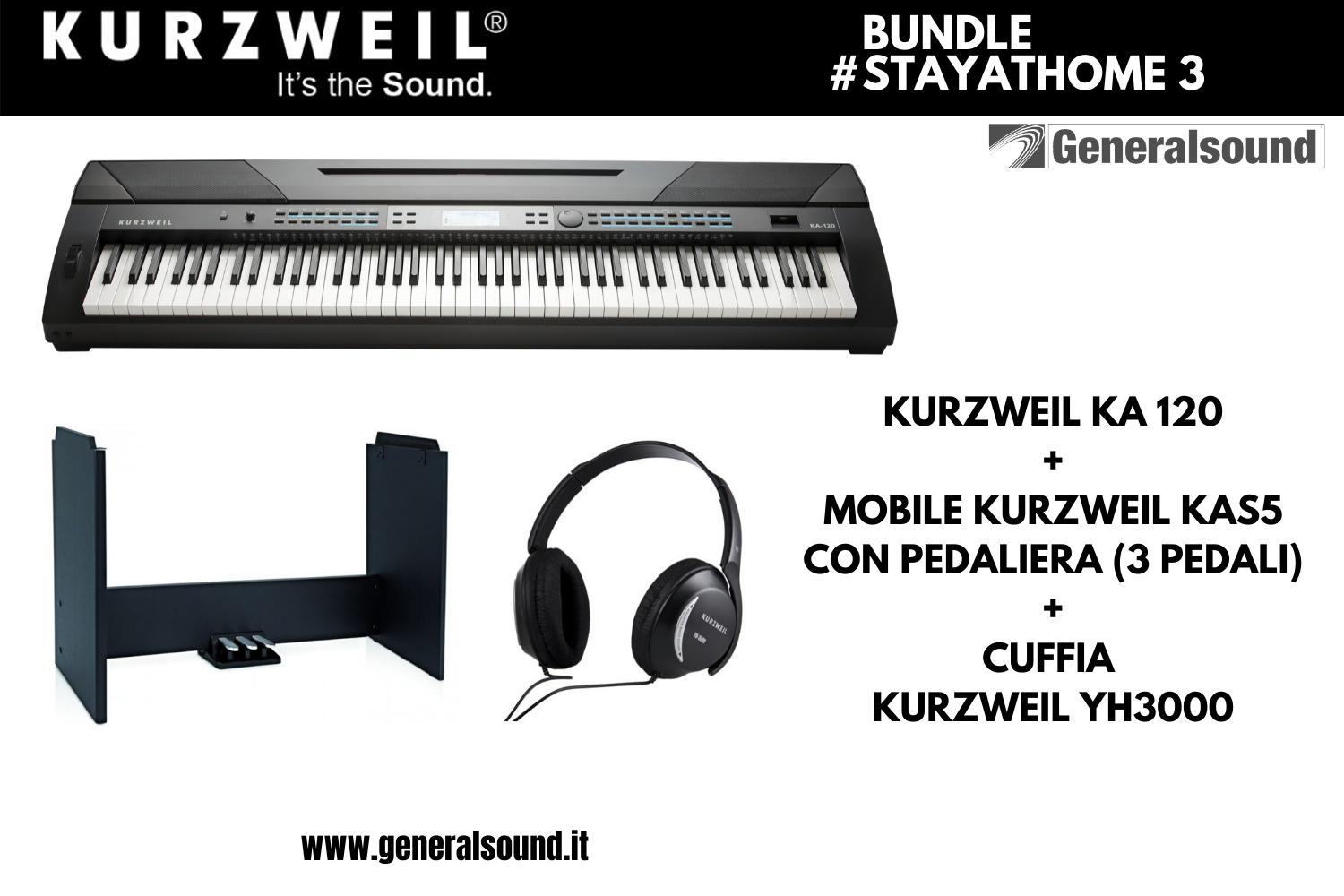 KA120 PIANO DIGIT. PORTATILE KURZWEIL, MOBILE A 3 PEDALI, CUFFIA